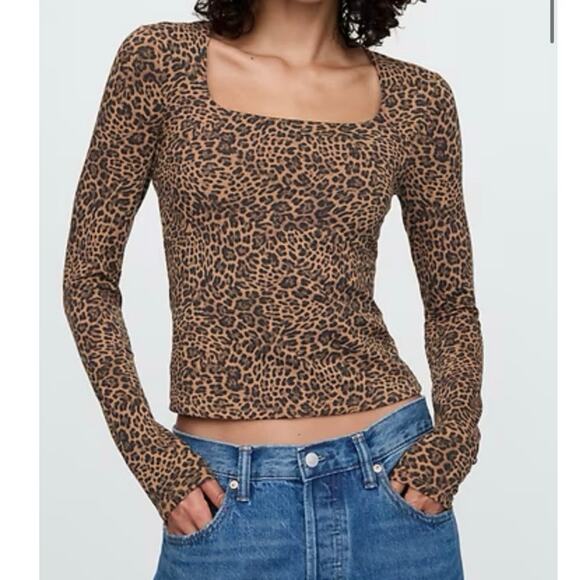 Gap Leopard Patterned Jersey Square-Neck Long Sleeve Top Size S - Picture 1 of 8
